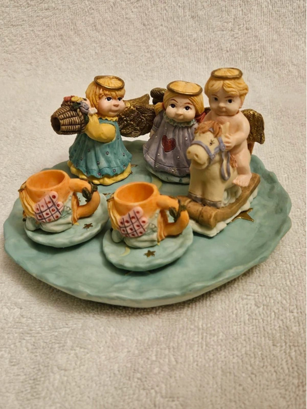 Vintage Miniature Angel Cherub Tea Set 5.5" Tray Cups Figurines Horse